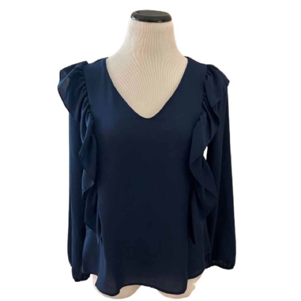 Anthropologie Sweet Pea by Stacy Frati Womens Ruffle Blouse Navy Blue Size M.